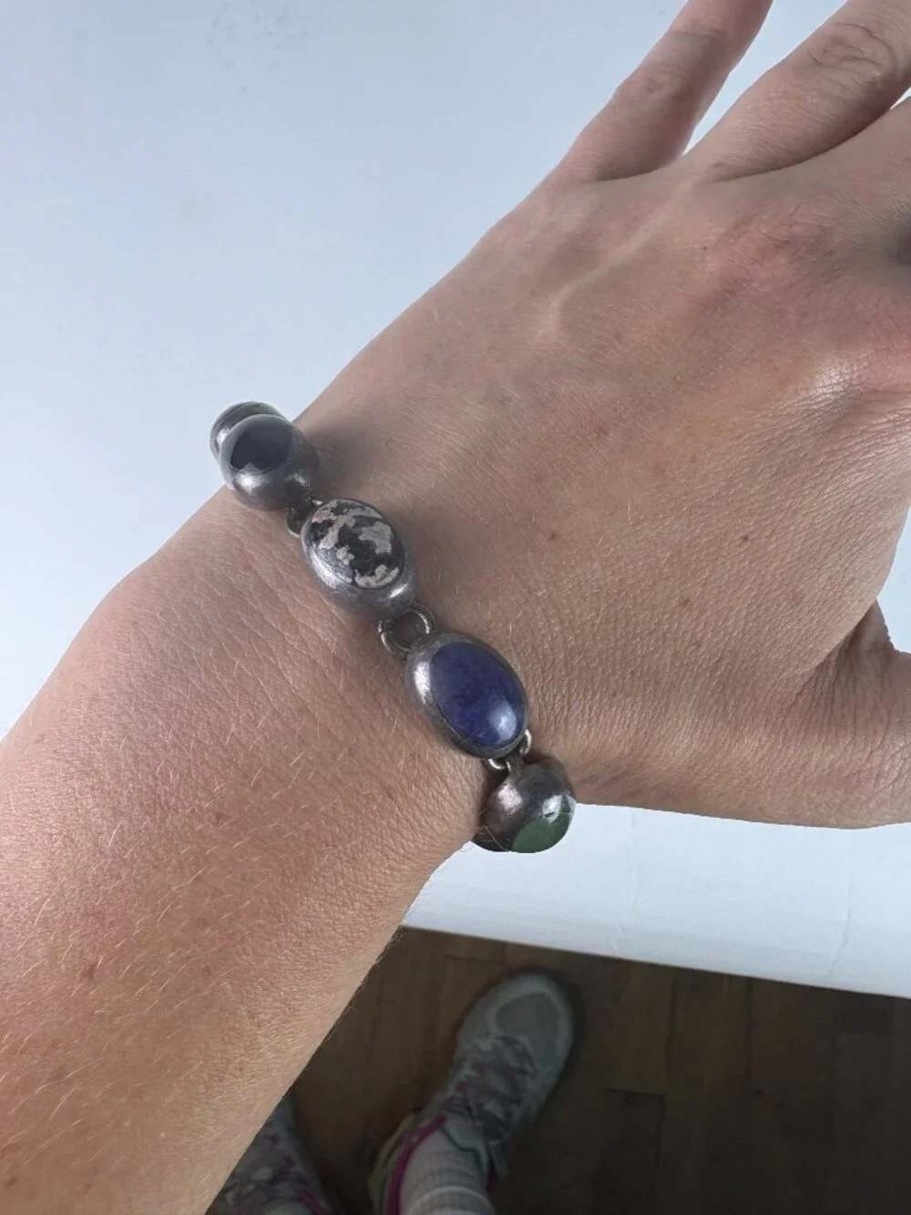 Vintage Taxco Mexico 925 Sterling Silver Multi-Stone Link Bracelet | Lapis